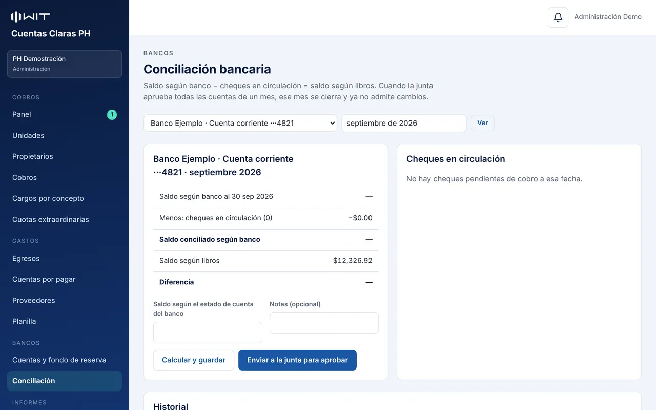 Conciliación bancaria del PH con saldo del banco, cheques en circulación y saldo en libros