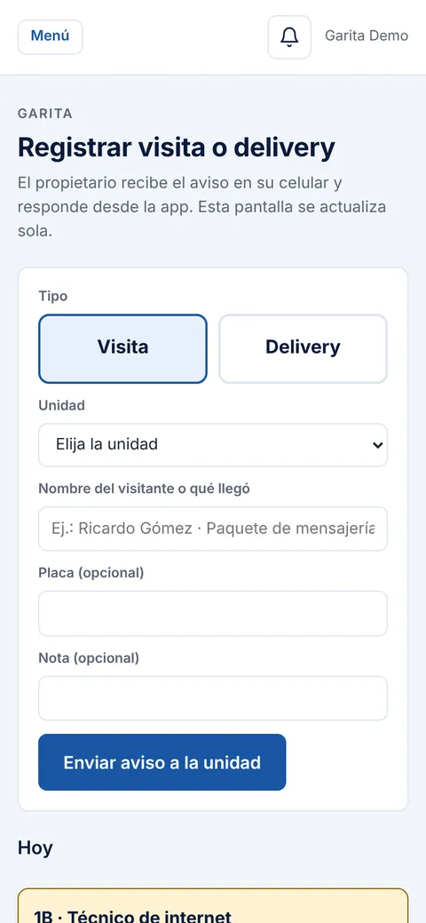 Pantalla de garita para registrar visitas y delivery